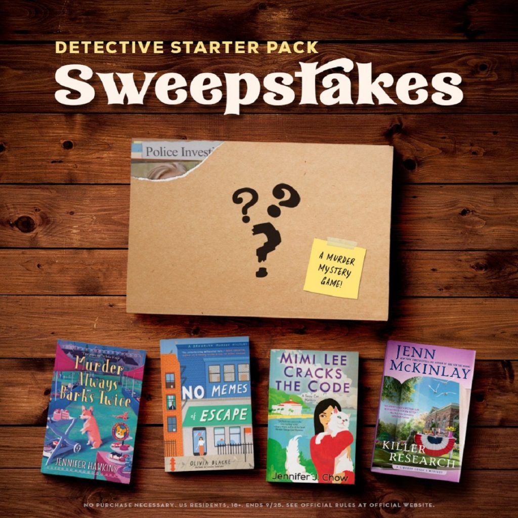 Detective Starter Pack Sweepstakes image with mystery game box and four books: Murder Always Barks Twice, No Memes of Escape, Mimi Lee Cracks the Code, and Killer Research