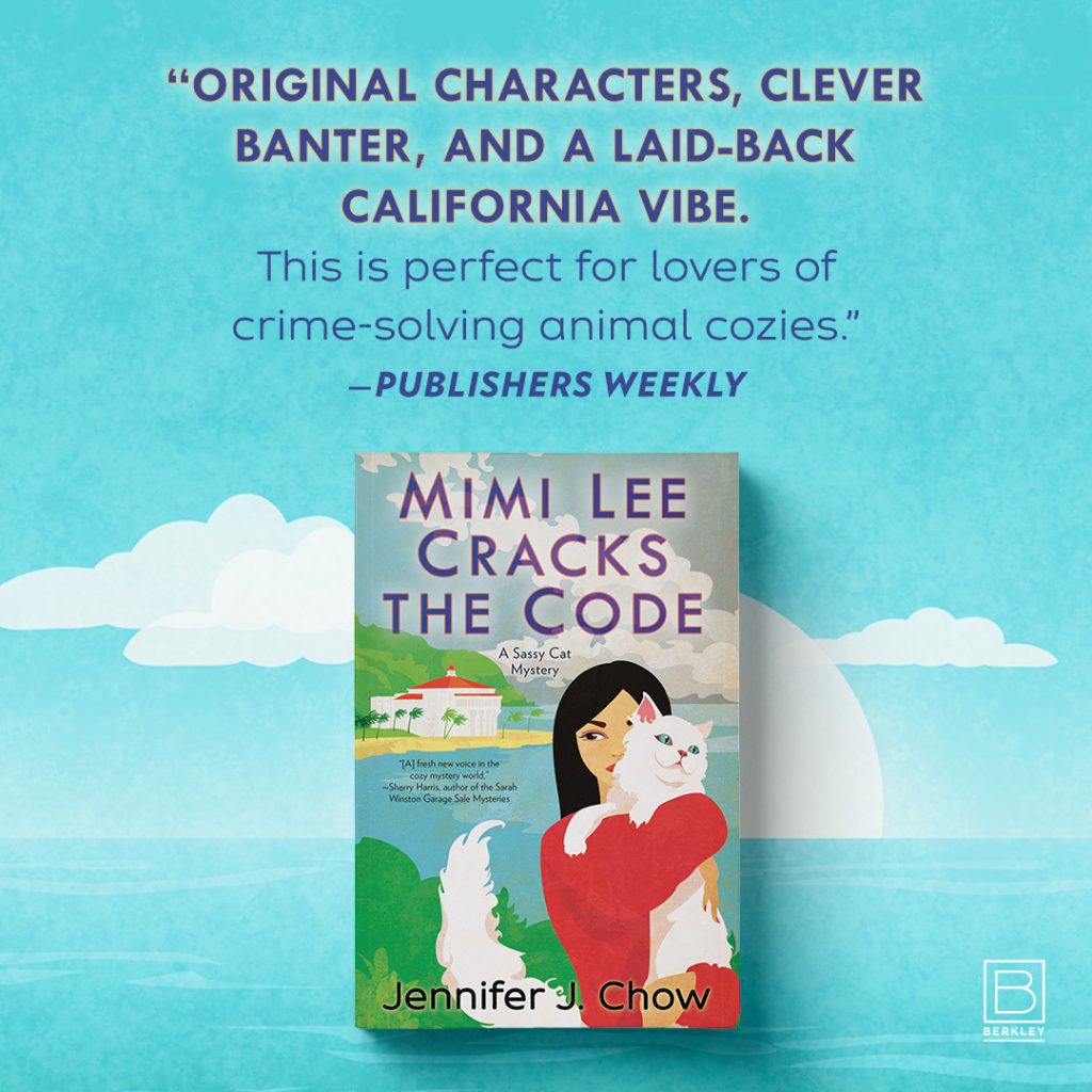 Blue graphic of sky and clouds with cover of MIMI LEE CRACKS THE CODE in foreground; Publishers Weekly quote above cover: "Original characters, clever banter, and a laid-back California vibe. This is perfect for lovers of crime-solving animal cozies."