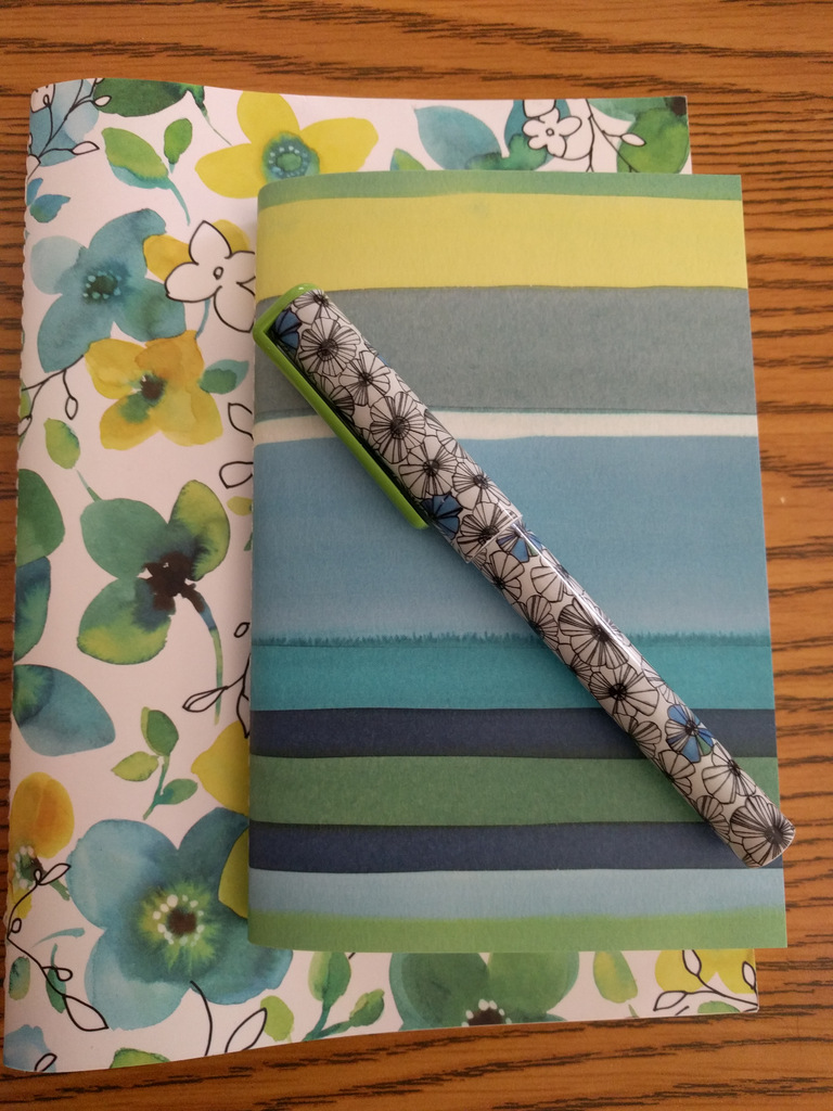 Flower journal and striped journal plus matching floral pen on desk 